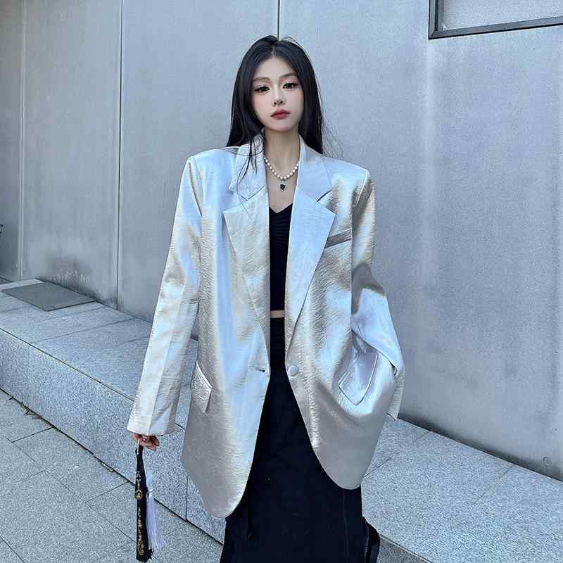 Other Jackets Jumpers - レディース ジャケット スーツ 銀灰 灰 黒 春季 デザイン 質感 ワイドシルエット 長袖 西装領 ボタン ポケット ポリエステル ゆったり 通勤 都市 スタイル 気品
