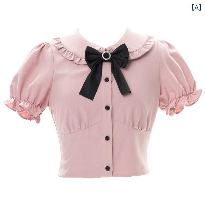 ロリータ ワンピース レディース かわいい 学院風 セット 粉色 短袖 短スカート 肩带 中腰 POLO領 プリンセス袖 蝶結び 涤纶 ポリエステル 夏 清新 甘美 セクシー プリンセス スカート ブラウス セットアップ かわいい デザイン 軽量 素材 2