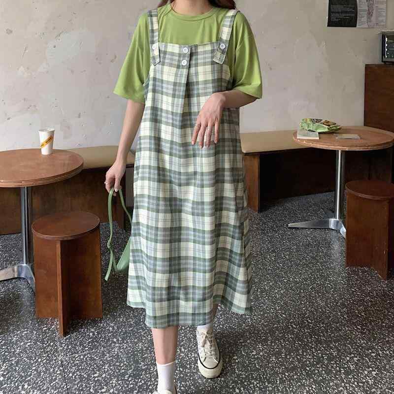 乐天商城 - レディース ワンピース 吊り帯 スカート 格子柄 夏服 かわいい ゆったり Aライン 中長丈 短袖 単品 TR素材 PVC混 90% 以上 復古風 中国風 女学生 スリム トップス ドレス セット スカートセット チェック柄 甘め ルーズフィット 連衣裙