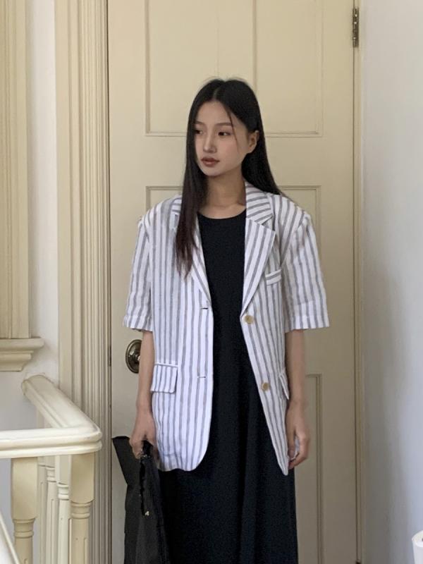 Rakuten - レディース 小西装 麻 ストライプ柄 ジャケット 夏 白色 ワイドシルエット 中長丈 短袖 西装領 シングルブレスト ボタン ポケット ポケット付き ゆったり 韓国風 休闲 免烫加工 100%麻素材 麻95%以上 通勤 普段使い 軽量 涼しい 爽やか シ