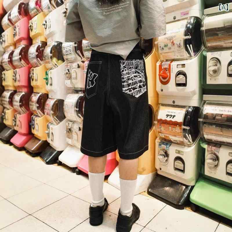 ショートパンツ レディース デニム 牛仔布 綿 直筒 5分丈 高腰 薄手 ヴィンテージ風 刺繍 ワイドレッグ ルーズ スリム ストリート ファ..
