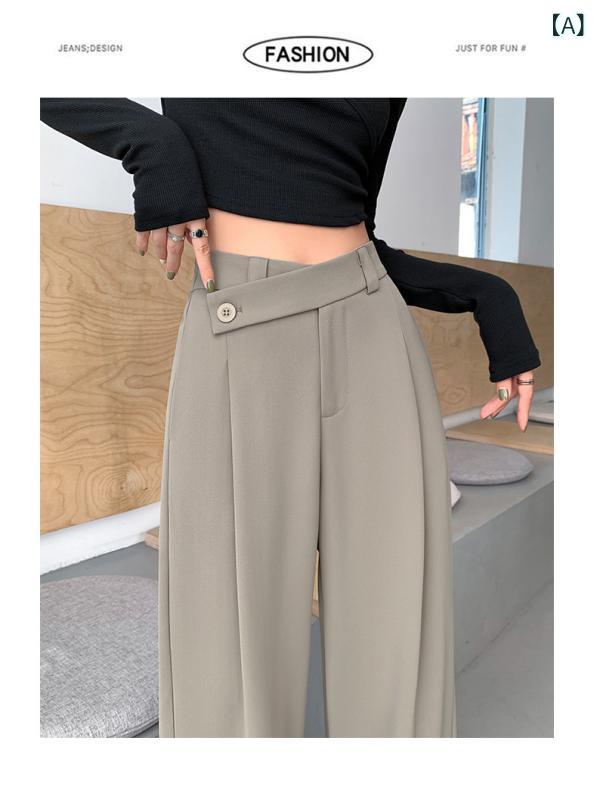 Cropped Pants - レディース スラブ版 西装パンツ 春夏 高腰 垂感 ワイドパンツ ゆったり 大きいサイズ ロングパンツ 薄手 マイクロストレッチ 綿 ポリエステル 切り替え ポケット 黒 卡其 日常使い 通勤 日韓 カジュアル ストリート