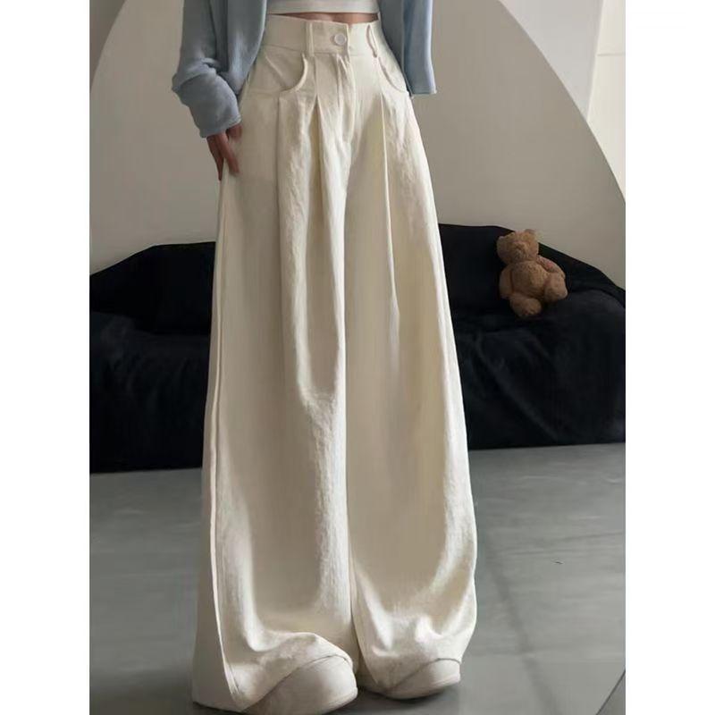 Cropped Pants - レディース ワイドパンツ 夏用 薄手 高腰 垂感 プリーツ スリム 百搭 休闲 ストレート ロングパンツ ポリエステル 微弾性 免烫 ポケット 付き 杏 ピンク ブルー ブラック 日韓 スタイル 快適 普段使い 通勤