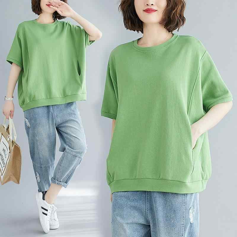 Three-Quarter - レディース Tシャツ 大きめサイズ ゆったりシルエット 体型カバー スリム効果 トップス 純色 丸首 短袖 バットスリーブ ポケット付き ミドル丈 綿混 ポリエステル 接触冷感 夏 ブラック 緑 黄色 白色 通勤 気質 快適 休闲