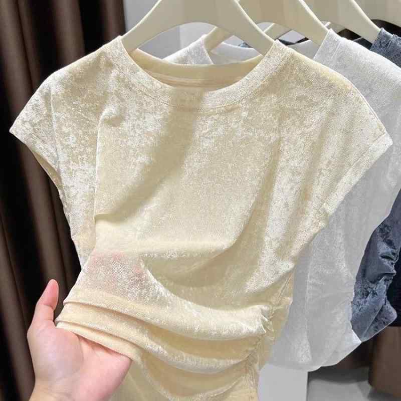 Rakuten - Tシャツ 女性用 春夏 メッシュ 短袖 丸首 修身 短丈 気質 通勤 都市風 涼感 涼しい インナー トップス 白 黒 杏 ポリエステル 涼快 軽量 ファッション スタイル 日常使い