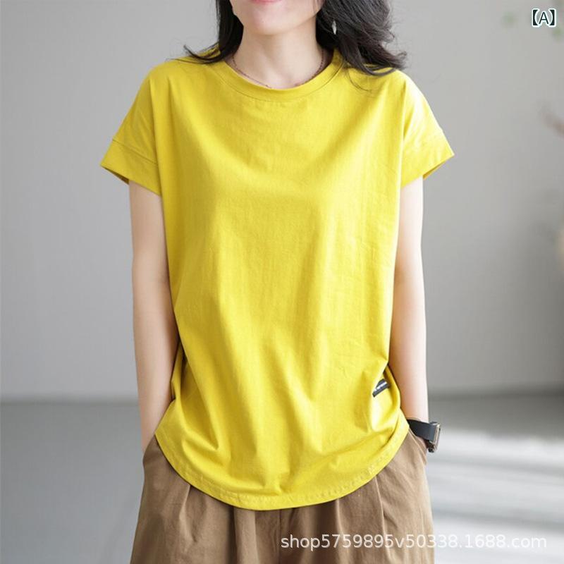 乐天商城 - Tシャツ レディース 春夏 短袖 丸首 ゆったり トップス 切り替え デザイン 透け感 打底 気質 スタイル 復古風 民族風 中国風 ポリエステル 紡績 繊維 純色 セットアップ ヘッド スタイル ルーズ フィット スリム 効果 ヤング ルック イエロー