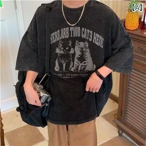 Three-Quarter - Tシャツ レディース 短袖 黒 綿 100% 猫プリント アニメ キャラ デザイン ゆったり ルーズ フィット 丸首 中長丈 プリント加工 ユーズド加工 毛玉加工 日韓 カジュアル スタイル ゆったり 風 日常 着用 運動 着用 柔らかい 触り心地 夏季