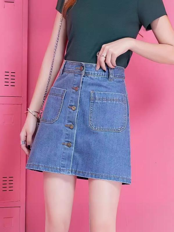 スカート 女性用 夏 デニム 短め ハイウエスト Aライン 包みスカート ミニスカート 軽量 伸縮性 牛仔布 再生繊維 ボタン 浅青 黒 白 かわいい 甘めスタイル 通勤 普段使い デート