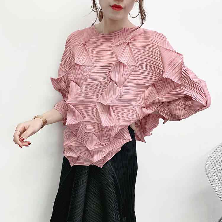 Other - レディース Tシャツ 七分袖 ゆったり 乱れプリーツ デザイン ポリエステル 素材 気質 通勤 スタイル 日系 ブラック グリーン グレー 丸首 セットアップ なし 普通丈 成人 女性 かわいい 軽量 伸縮性 黒 緑 灰