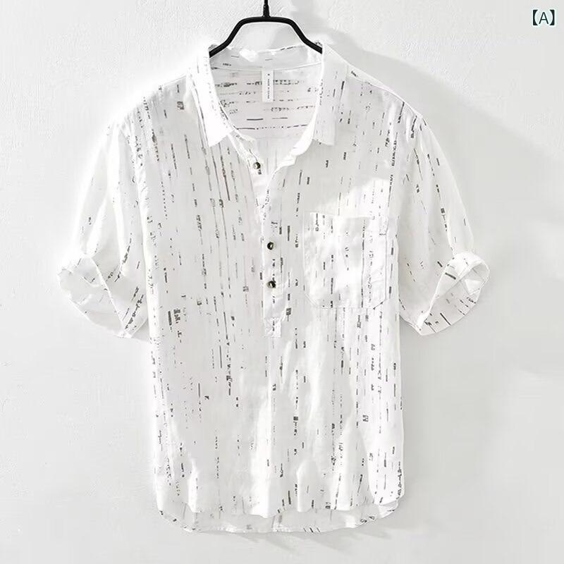 Casual Shirts - メンズ シャツ トップス 短袖 デザイン 麻混紡 免烫 薄手 透気性 ゆったり 大きいサイズ 韓風 トレンド プリント 柄 翻領 ポケット 春夏 夏 日常 白色 黒