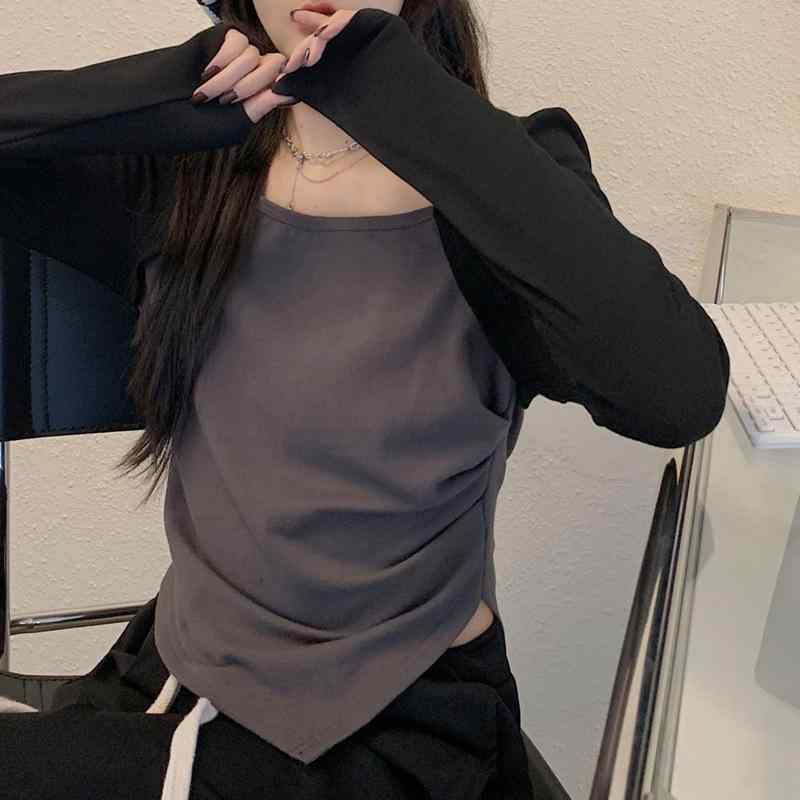 Tシャツ レディース 長袖 方領 開叉 修身 3D 立体 プリント ポリエステル ポロ風 ...