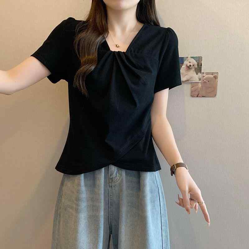 Rakuten - Tシャツ レディース 短袖 斜肩 立領 A字型 モダール 切り替え 抽象柄 秋 紫 黒 白 かわいい スタイル 気質 通勤 普段使い 軽量 伸縮性 ビッグシルエット 不規則 短丈 フレンチカジュアル 女性用 大きいサイズ スリム効果 百搭 デザイン性 上