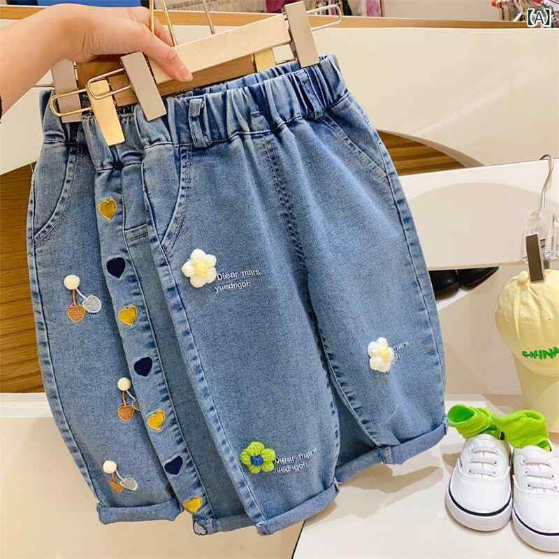 Long-Trousers, Trousers - 女の子 デニムパンツ ワイドレッグ ロングパンツ 春夏 キッズ 牛仔布 薄手 ゆったり かわいい 刺繍 ゴールド ブラック ブルー 3-8歳 中腰 松緊帯 柔らかい 日常使い 遊び着