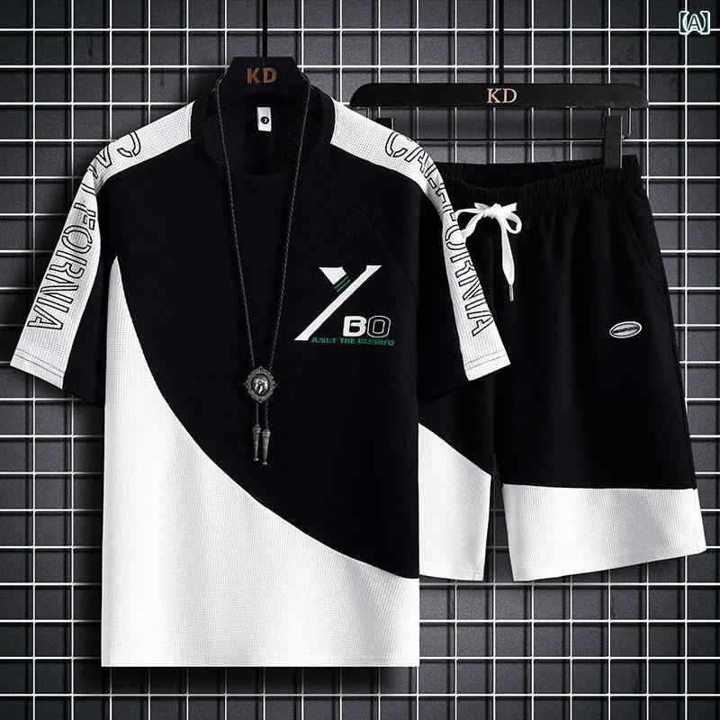 樂天商城 - メンズ セットアップ 短袖 Tシャツ 短パン 夏季 薄手 ワッフル ポリエステル 黒 白 灰 ゆったり スポーツ ファッション 都市 スタイル 24代 30代 40代 日常 休日