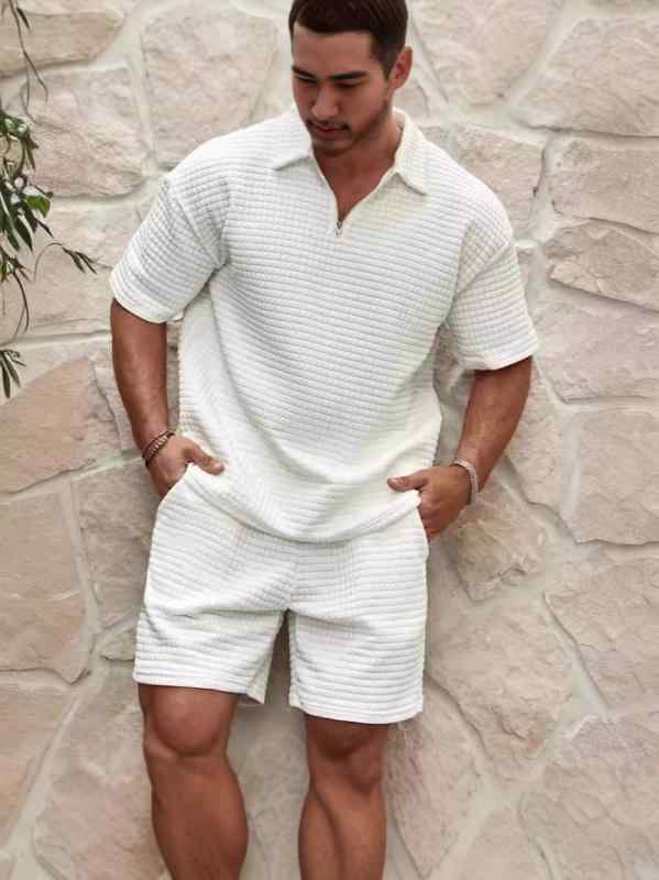 メンズ スポーツ セットアップ 夏 短パン セット 短袖 Tシャツ ワッフル柄 快適 ポリエステル 100% トップス ボトムス セット 白色 黒 卡其 運動 日常使い ファッション トレンド 軽量 通気性 良い アクティブウェア スタイリッシュ セット