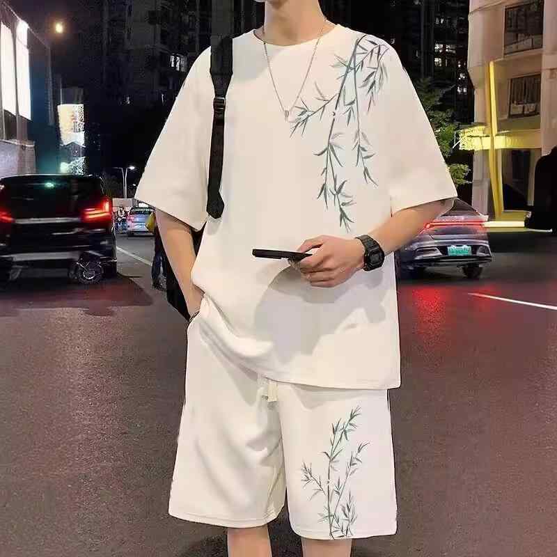メンズ セットアップ Tシャツ 短パン 夏季 アイスシルク 国風 トレンド ゆったり ベーシック スポーツ 白色 黒 ポリエステル 90% 休闲 涼しい 軽量 吸湿速乾