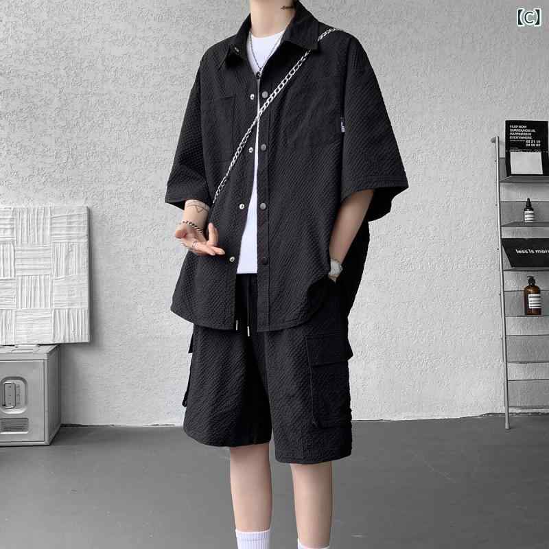 メンズ シャツ 短パン セット 夏用 短袖 薄手 伸縮性 ポリエステル 素材 運動 スタ...