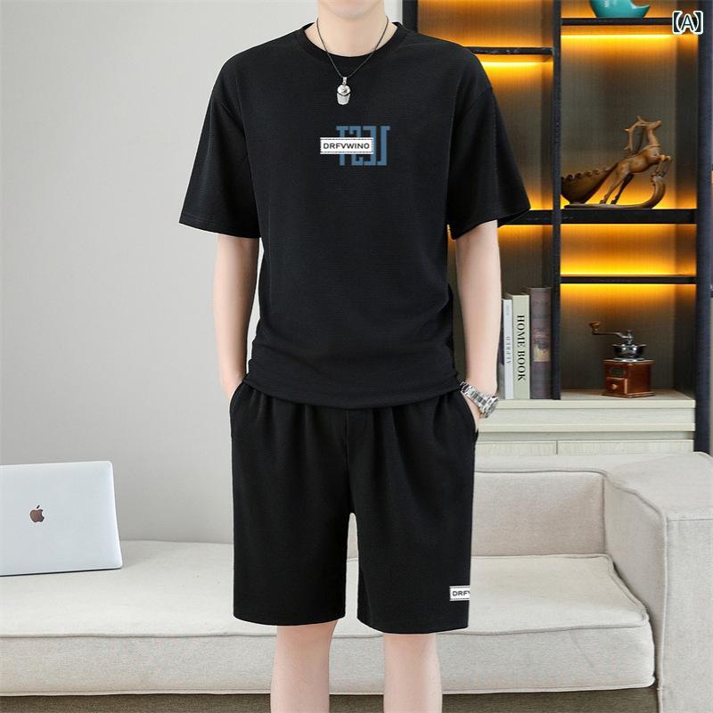 メンズ 短袖 Tシャツ 短パン セット 運動 夏 接触冷感 再生繊維 黒 米白 卡其 豆緑 シンプル 軽量 速乾 吸湿 18-24歳 青年 カジュアル