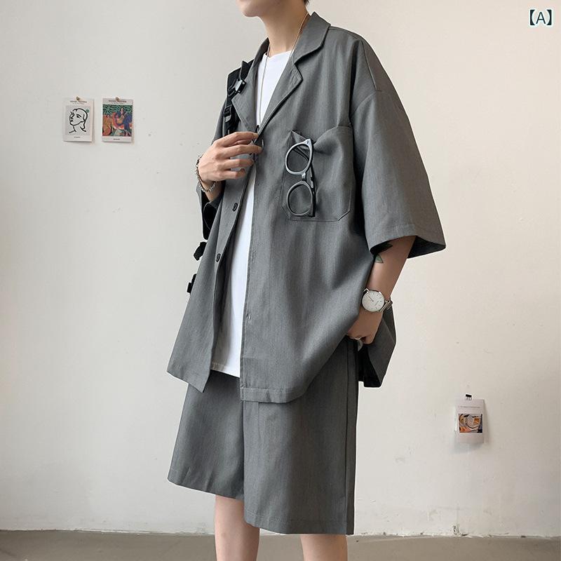 メンズ セットアップ 短袖 シャツ 短パン 灰 黒 夏 学生 休闲 スポーツ 服 青少年 英倫風 トップス 七分袖 カジュアル 普段使い 軽量 綿素材 通気性 ビッグシルエット 爽やか スタイル