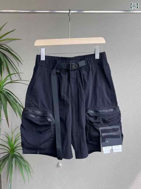 Pants - メンズ ショーツ 機能性 ポケット 付き アウトドア ワイド ルーズ フィット 薄手 5分丈 黒 グレー ベージュ ポリエステル 夏 街頭 スタイル 軽量 通気性 クイックドライ キャンプ ハイキング 普段使い