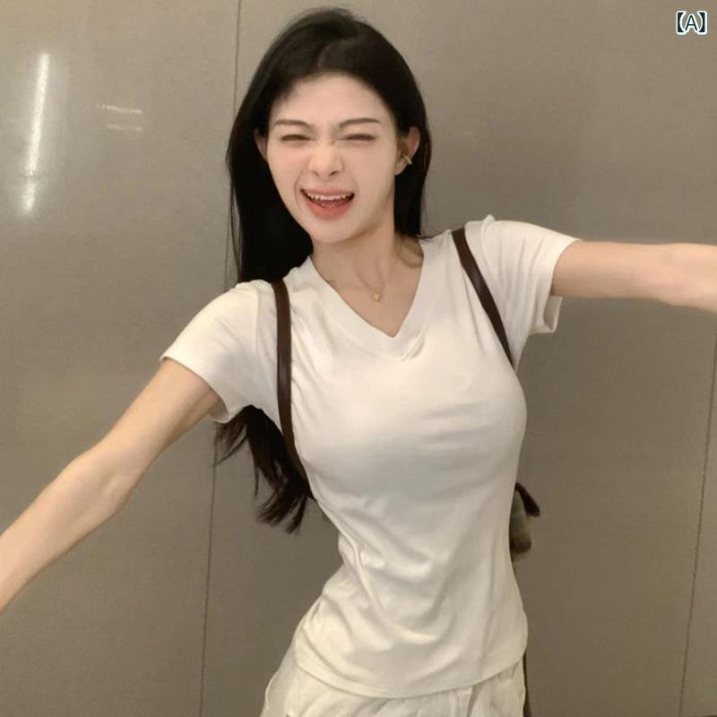 乐天商城 - Tシャツ 女性用 春夏 Vネック 短袖 純棉 修身 タイト 白 黒 ピンク 緑 モダール繊維 スパンデックス 混紡 日韓スタイル カジュアル トップス インナー 普段使い 軽量 伸縮性 ビッグシルエット