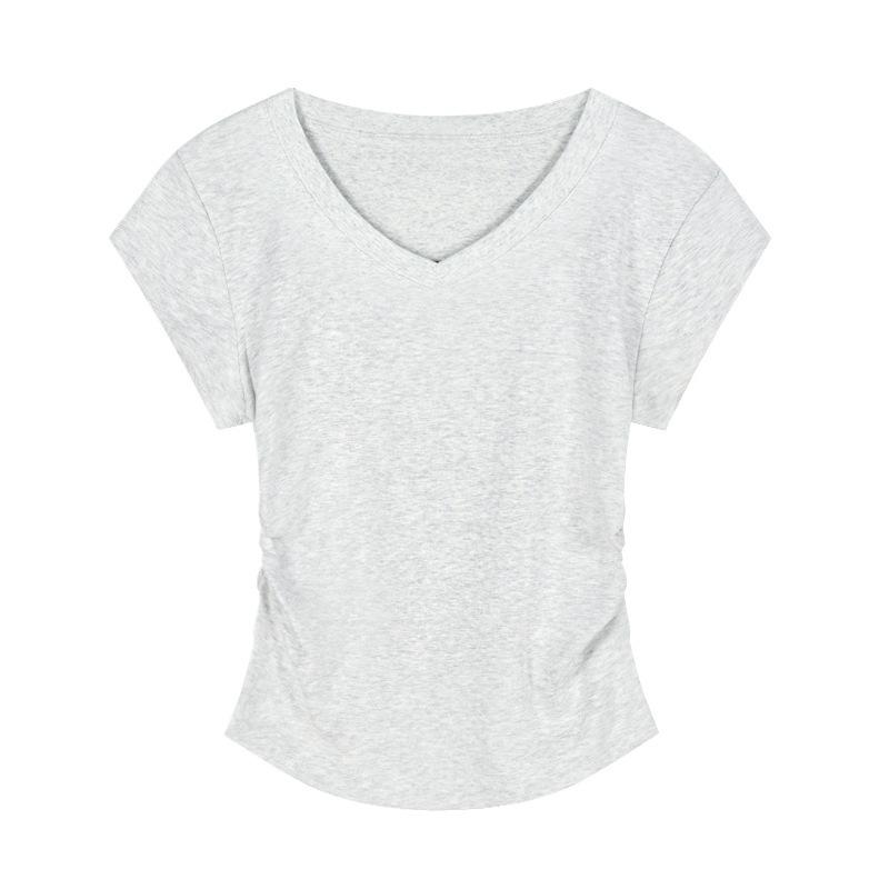 Three-Quarter - Tシャツ レディース 短袖 Vネック コットン 綿 スパンデックス 修身 スリムフィット 短丈 プリーツ デザイン プリント 花柄 グラフィック セットアップ 切り替え ソリッド シンプル カジュアル 韓国風 日韓スタイル 快適 軽量 伸縮性 夏季 春夏