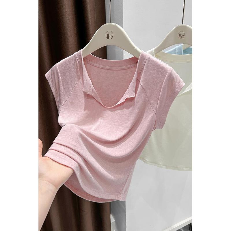 Rakuten - Tシャツ レディース Vネック 短袖 短め丈 ピンク ブルー 杏 黒 接触冷感 透気性 切り替え デザイン 修身 韓系 シンプル 気質 通勤風 夏 涼しい 涼感素材 綿ポリエステル 軽量 ワイドシルエット 普段使い