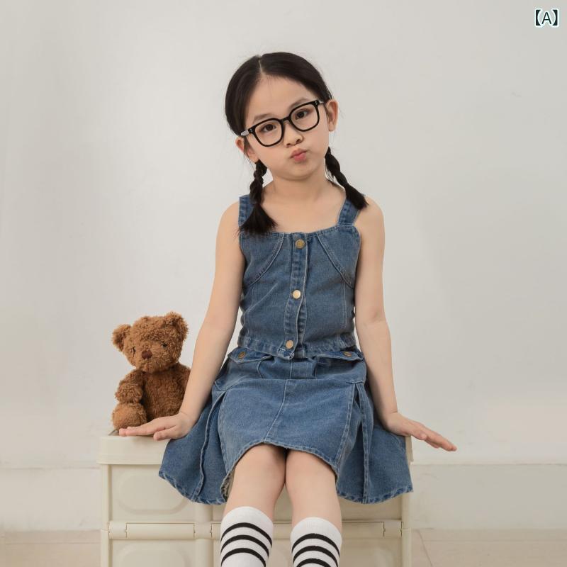Women's Clothing - 女の子 吊り帯 背心 短いスカート デニム 2点セット 夏服 セットアップ 綿素材 収腰 方領 純色 柔軟 褶子 かわいい トレンド 3-8歳 90-140cm
