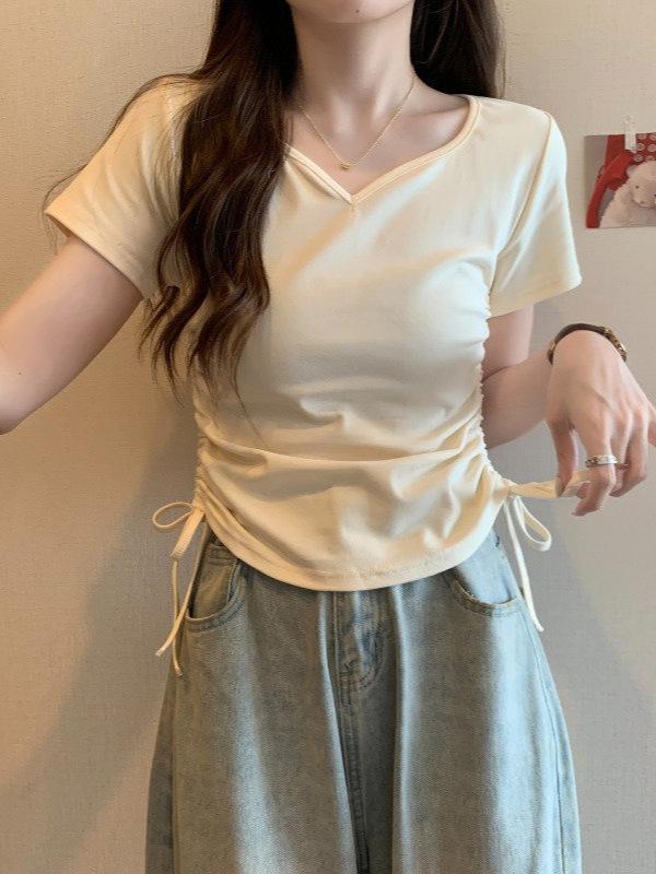 Garments - Tシャツ レディース 短袖 Vネック 短丈 コットン ポリエステル 螺紋 リブ デザイン 抽绳 紐 締め 修身 スリムフィット 純色 ソリッドカラー かわいい 甘め 学院風 プレッピー スタイル 快適 ゆったり フィット 夏 春夏 トップス インナー 普