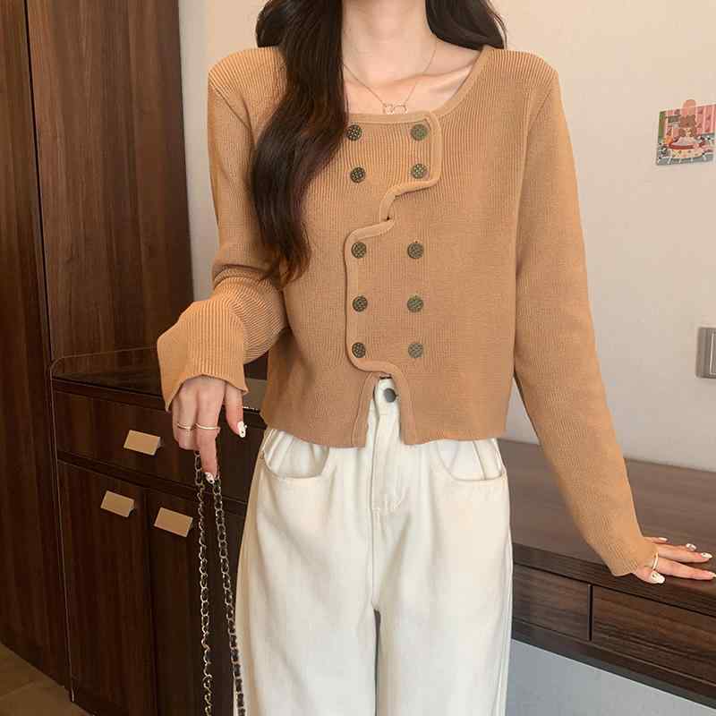 Rakuten - レディース ニット トップス 毛衣 短め丈 小香風 デザイン 春季 秋季 通勤 気質 スタイル 開き前 長袖 方領 通常袖 針織 素材 白色 卡其 黒 快適 休闲 成人 女性