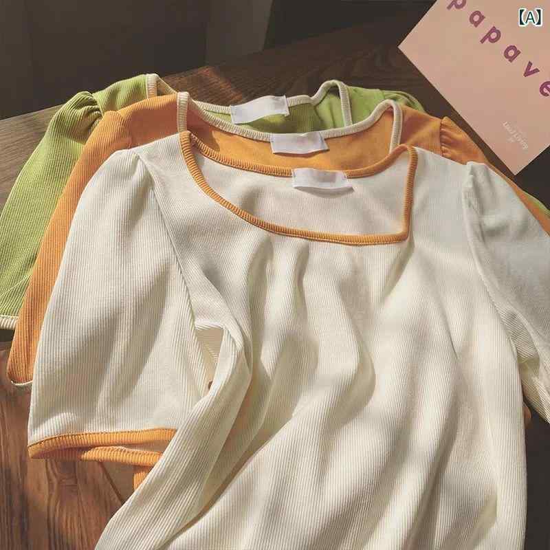 樂天商城 - レディース Tシャツ 方領 短袖 春夏 韓国風 ワイド ピッチ 切り替え 百搭 鎖骨見せ 肩落ち トップス 気質 通勤 快適 休闲 ポリエステル 単色 アイスシルク 接触冷感 ミルク杏 緑 青 黒 橘