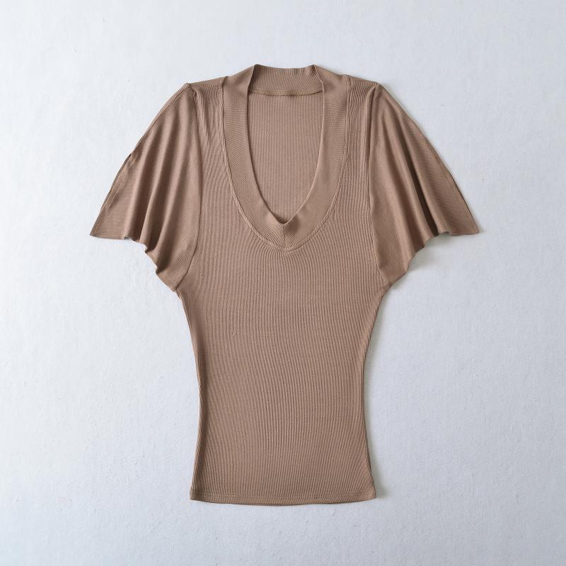 乐天商城 - Tシャツ レディース 夏 春夏 Vネック バットスリーブ 短袖 ルーズフィット 修身 綿混 伸縮性 セットイン 純色 トップス インナー 街頭 セクシー かわいい スタイル 白色 黒 グレー カーキ ベージュ ネイビー