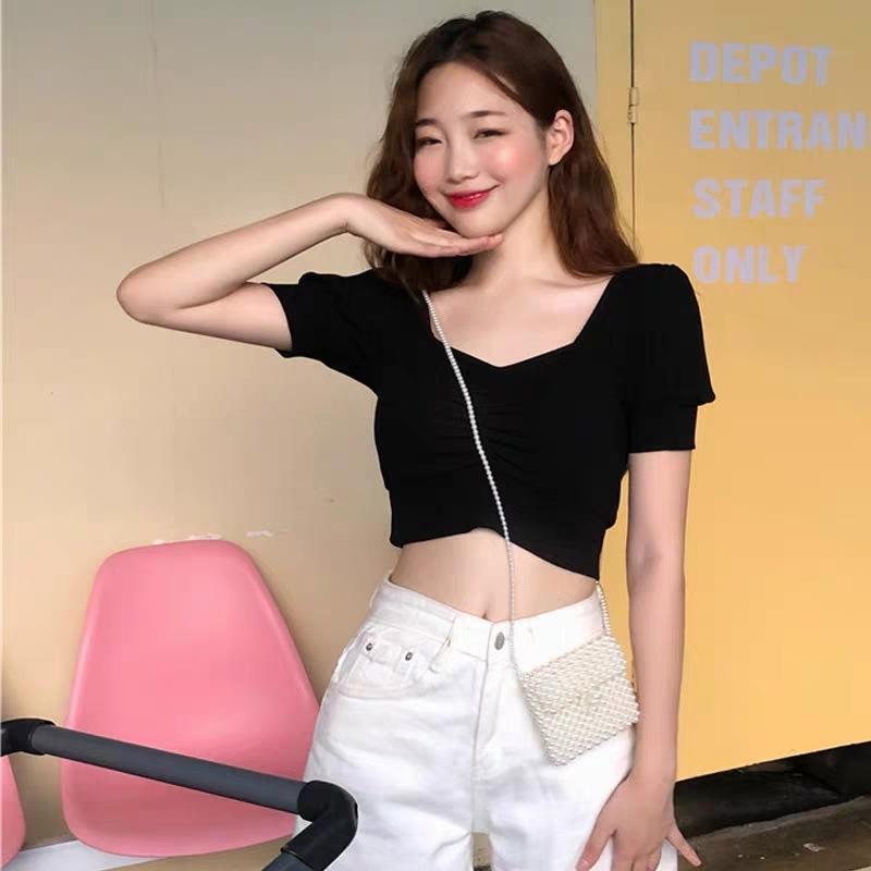 Rakuten - Tシャツ レディース 短袖 Vネック 高腰 修身 短丈 小柄対応 気質 通勤 都市風 純色 プリーツ 酒赤 黒 白 黄色 春夏