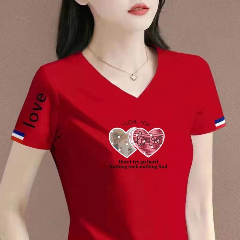Rakuten - レディース Tシャツ Vネック 短袖 トップス ポリエステル 素材 ルーズフィット スリム効果 韓国風 カジュアル ファッション 印花 プリント 春季 黒 白 赤 紺 国風 デザイン ハート モチーフ 愛情 柄 快適 私服 御姐 スタイル 东南アジア 向