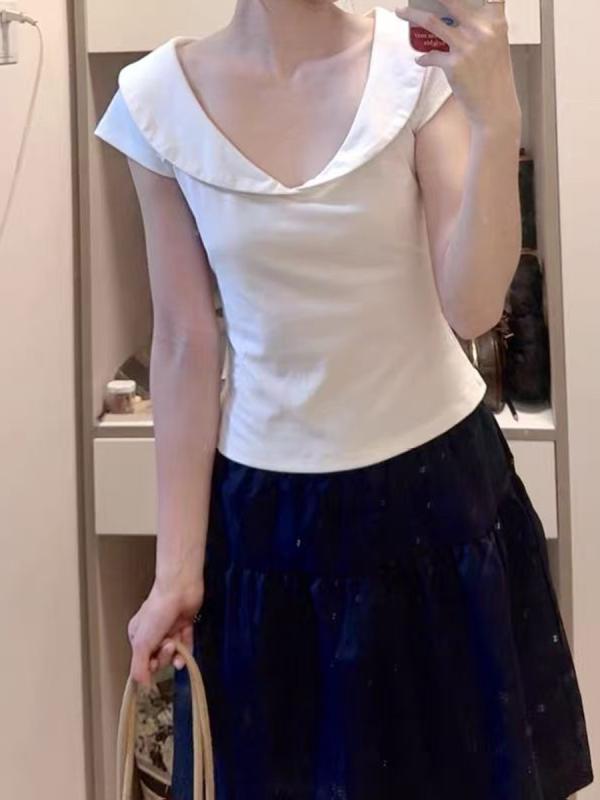 樂天商城 - Tシャツ レディース Vネック 短袖 白色 修身 スリムフィット 夏 純色 セットインスリーブ 韓国風 デイリー カジュアル トップス 涤纶 ポリエステル 95% 快適 軽量 日常使い 通勤 休日 シンプル フェミニン 辣妹スタイル