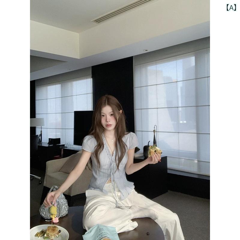 Rakuten - Tシャツ レディース 短袖 Vネック ブルー マカロンカラー 修身 気質 通勤 都市風 腈纶 ポリエステル セットアップ 袖長 普通丈 飛ぶ袖 高腰型 夏季 かわいい デザイン 百搭 トップス フェミニン 軽量 伸縮性 吸湿速乾 ビッグシルエット ピンク