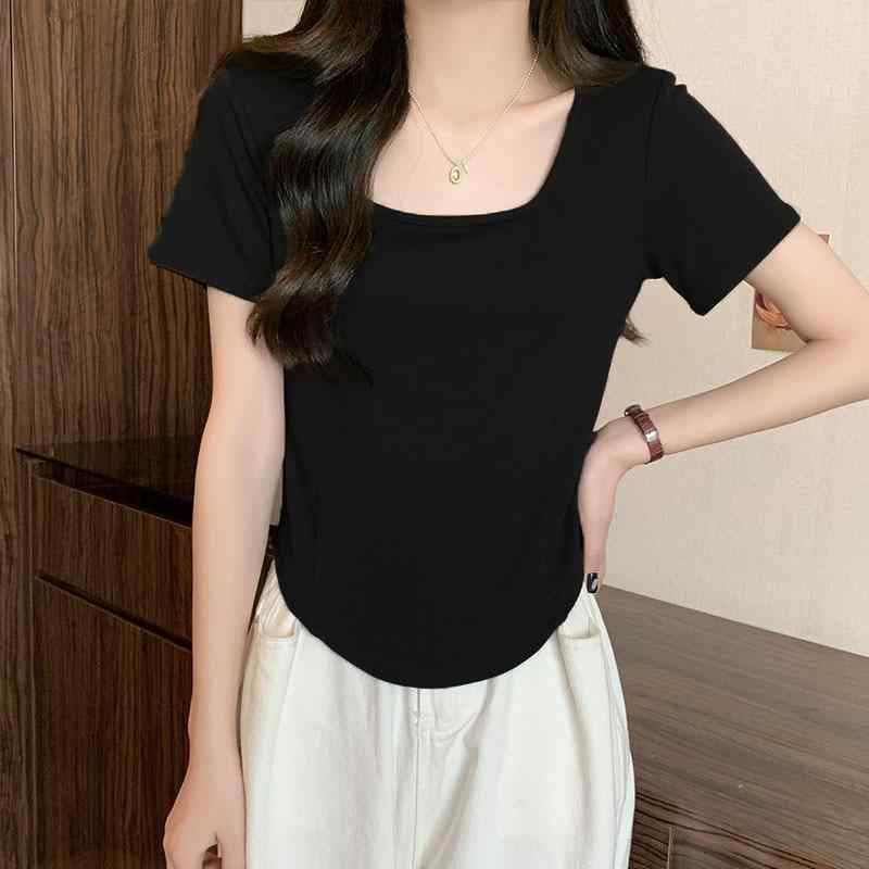 乐天商城 - Tシャツ レディース 春夏 杏 黒 白 綿 スパンデックス 修身 短袖 方領 Uネック 短丈 不規則 ヘム 日韓 カジュアル トップス 伸縮性 軽量 普段使い 通勤 ピンク 灰