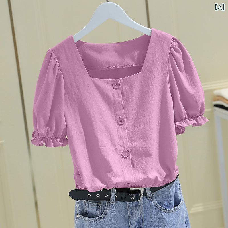 Three-Quarter - Tシャツ 女性用 泡泡袖 方領 短袖 法式 上衣 小众 デザイン 白 紫 黄 純色 セットアップ ポリエステル 合身 少女風 かわいい 爽やか スイート トップス シャツ ブラウス インナー 普段使い 通勤 軽量 伸縮 切り替え 不規則 ヘム 夏 春夏