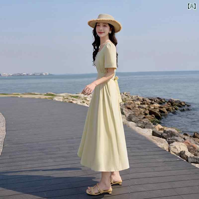 夏の 泡 袖の 方 襟の ワンピース 2025 女性は 太って いて 痩せて います。