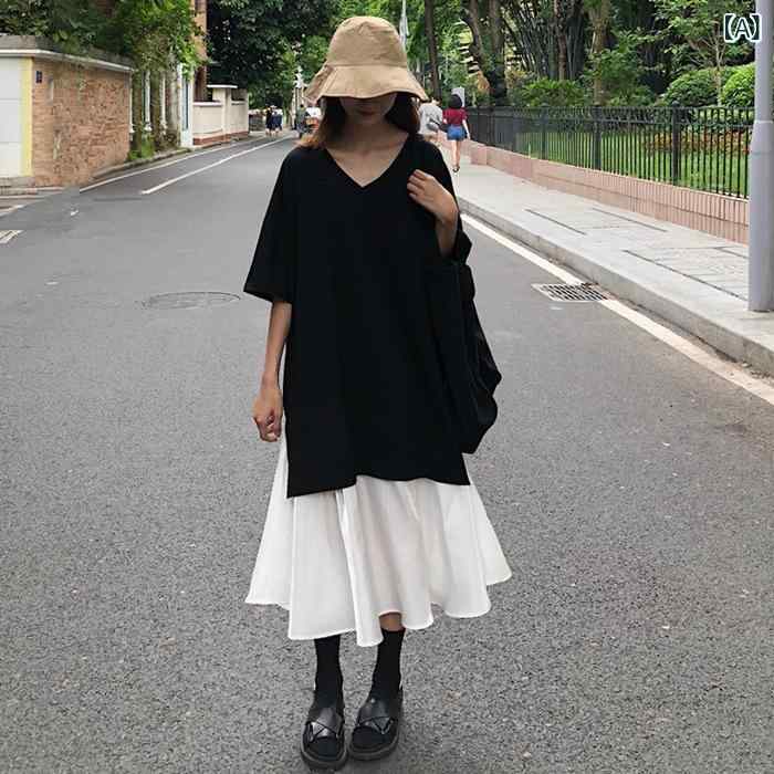 黒の V ネック 半袖 パッチワーク 白 裾 ドレス 2025 夏 韓国 版 大きい サイズの 女性の ゆったりと した ロング スカート 文学 芸術