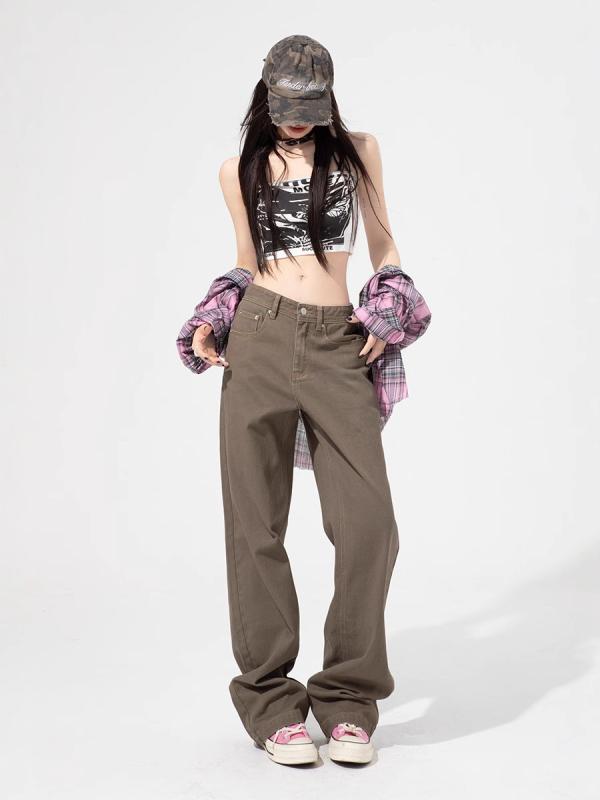 樂天商城 - 谷茶 色の ストレート ジーンズ 女性 2025 韓国 版 高 腰 痩せ ファッション
