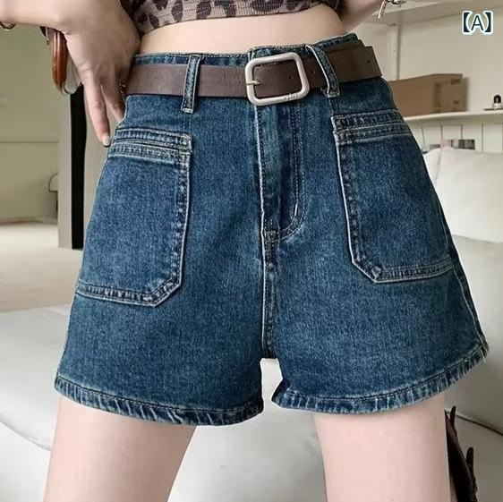 乐天商城 - 韓国 版の レ トロな 大きい ポケットの シンプルな デニムの半 ズボンの 女性 2024 夏の ハイ ウエストの 百 合の 薄い タイプの 広い 足の まっすぐな 筒の 熱い ズボン