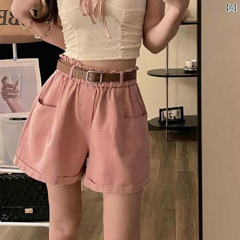 Cropped Pants - 【 ベルト 付き】 ウォッシュド 加工の 純綿 素材、 新作 ワークウェアショートパンツ、 ハイ ウエストで 着痩せ 効果の ある 学生 向け 夏 用 韓国 風 レディースワイドパンツ