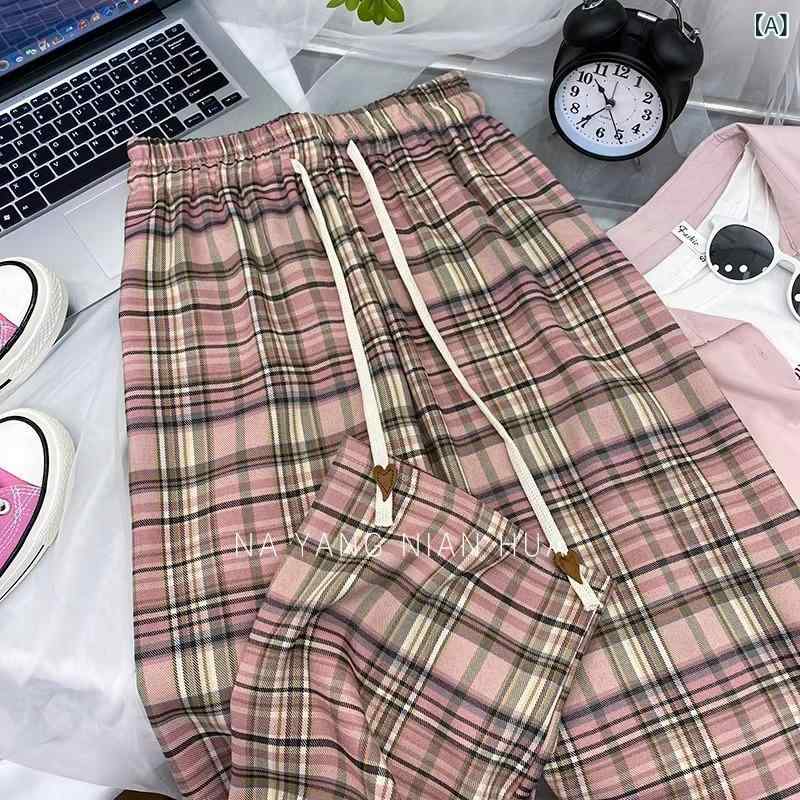 Capri Pants - 145小さな 韓国 スタイルストレートピンクチェック 柄 ワイドレッグパンツ 女性の ための 150 レトロハイウエストルーズ 痩身 カジュアル パンツ xs