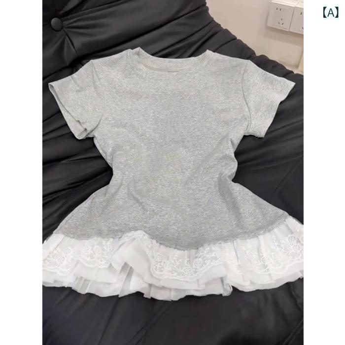 乐天商城 - 韓国の 甘い レース 裾 半袖 Tシャツ 女性 用 春 夏新 デザイン 年齢 軽減 ラウンドネックインナートップ