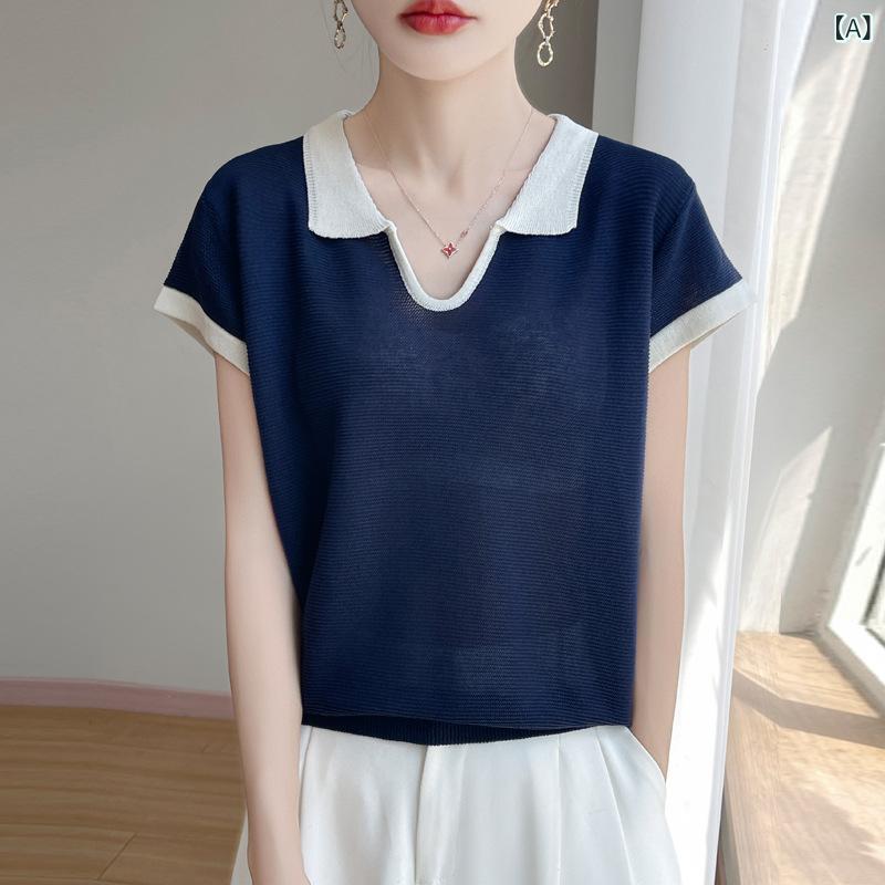 25 夏 テンセルリネン 韓国 カレッジスタイルコントラストカラー はさみ 襟 シンプルカジュアルニット 半袖 レディース Tシャツ remake-buddy-10353056 リメイクバディー パッケージ画像