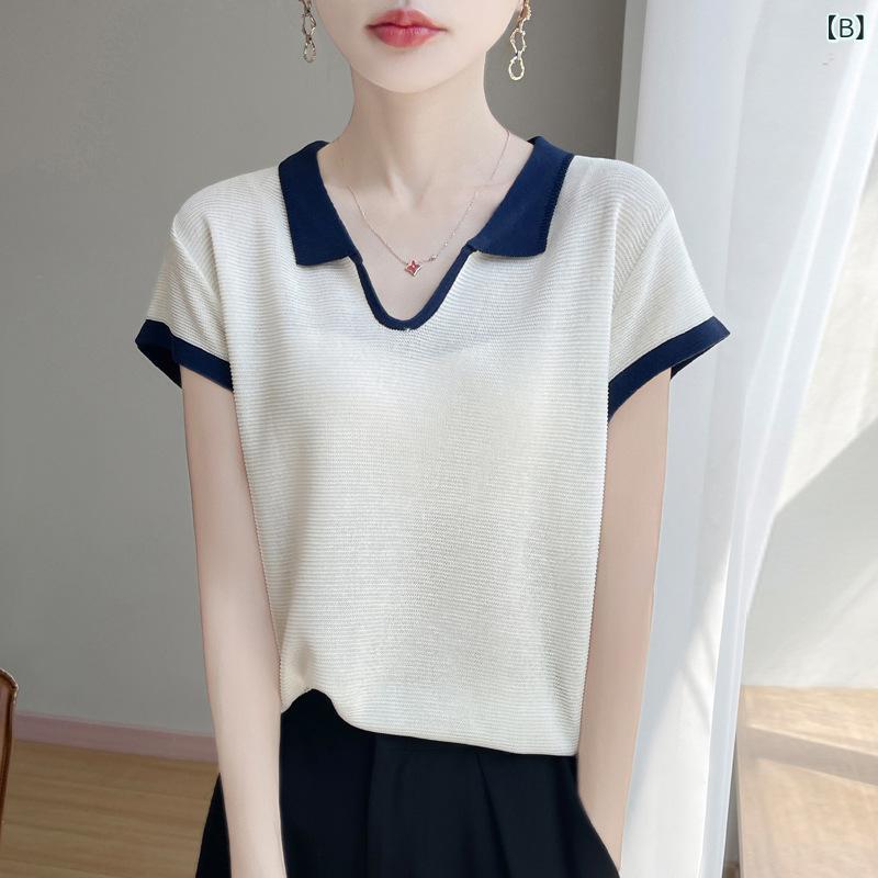 25 夏 テンセルリネン 韓国 カレッジスタイルコントラストカラー はさみ 襟 シンプルカジュアルニット 半袖 レディース Tシャツ remake-buddy-10353056 リメイクバディー サンプル画像2