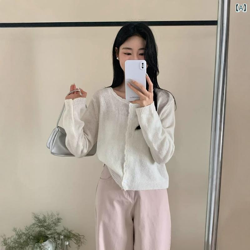 韓国 版 シンプルで 優しい 緑の レースの ニット カーディガン 女性 2025 春 夏の 薄い ブラウスの 丸襟の 上着