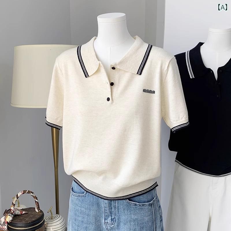韓国 系 学院 風 POLO 襟 半袖 t シャツ 女性 春 夏 新作 シンプル 減 齢 ショート プルオーバー