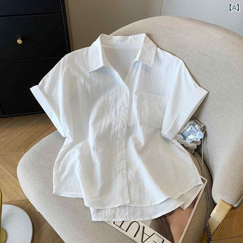 レディース 短袖 シャツ Vネック ポロ風 綿麻 接触冷感 軽量 薄手 ゆったり トップス 私服 夏 白色 ブルー ピンク 純色 御姐風 気質 別注 デザイン 短め丈 伸縮性 素材 爽やか コーデ 普段使い